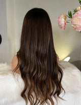 Bombshell Brunette Wavy Wig - Invisible HD Front Lace - Wigs By Sya