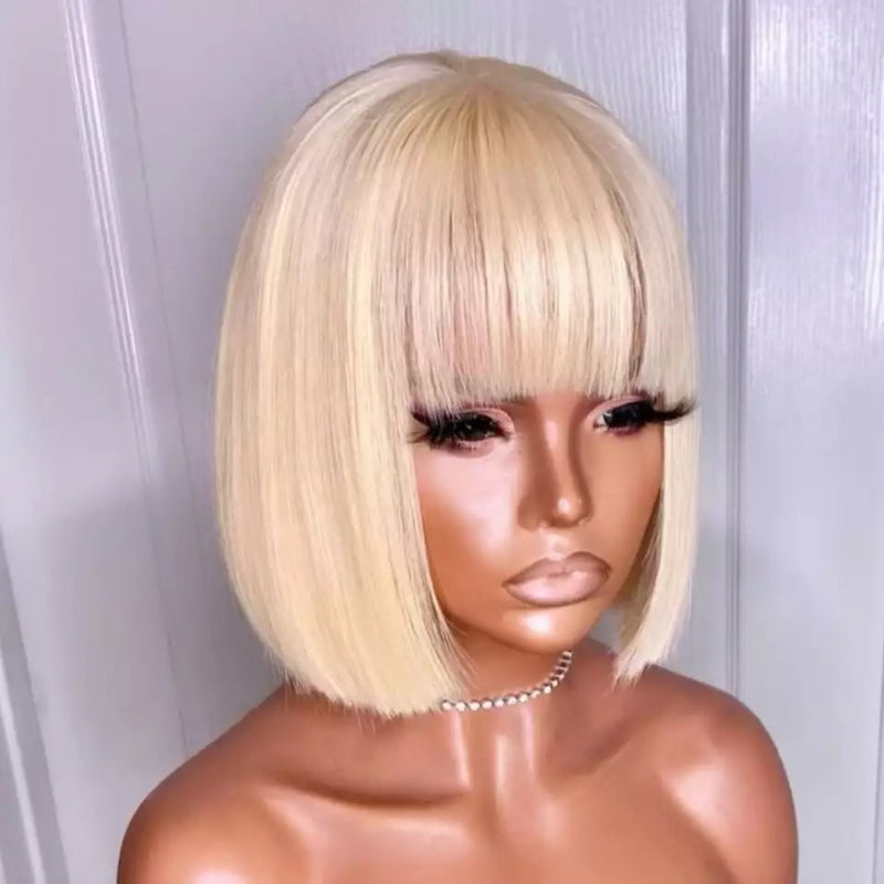 Platinum Blonde Straight Bob Wig with Bang - Invisible HD Lace - Wigs By Sya