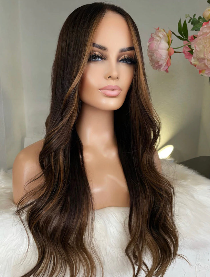 Bombshell Brunette Wavy Wig - Invisible HD Front Lace - Wigs By Sya